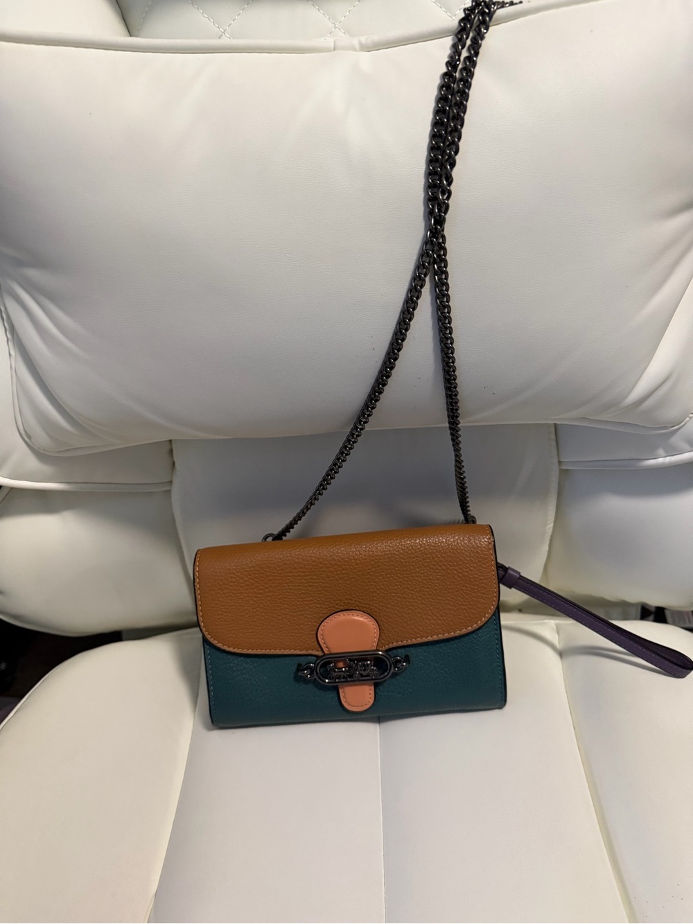 Coach Two-Tone Brown & Green Leather Crossbody with Pink Accent